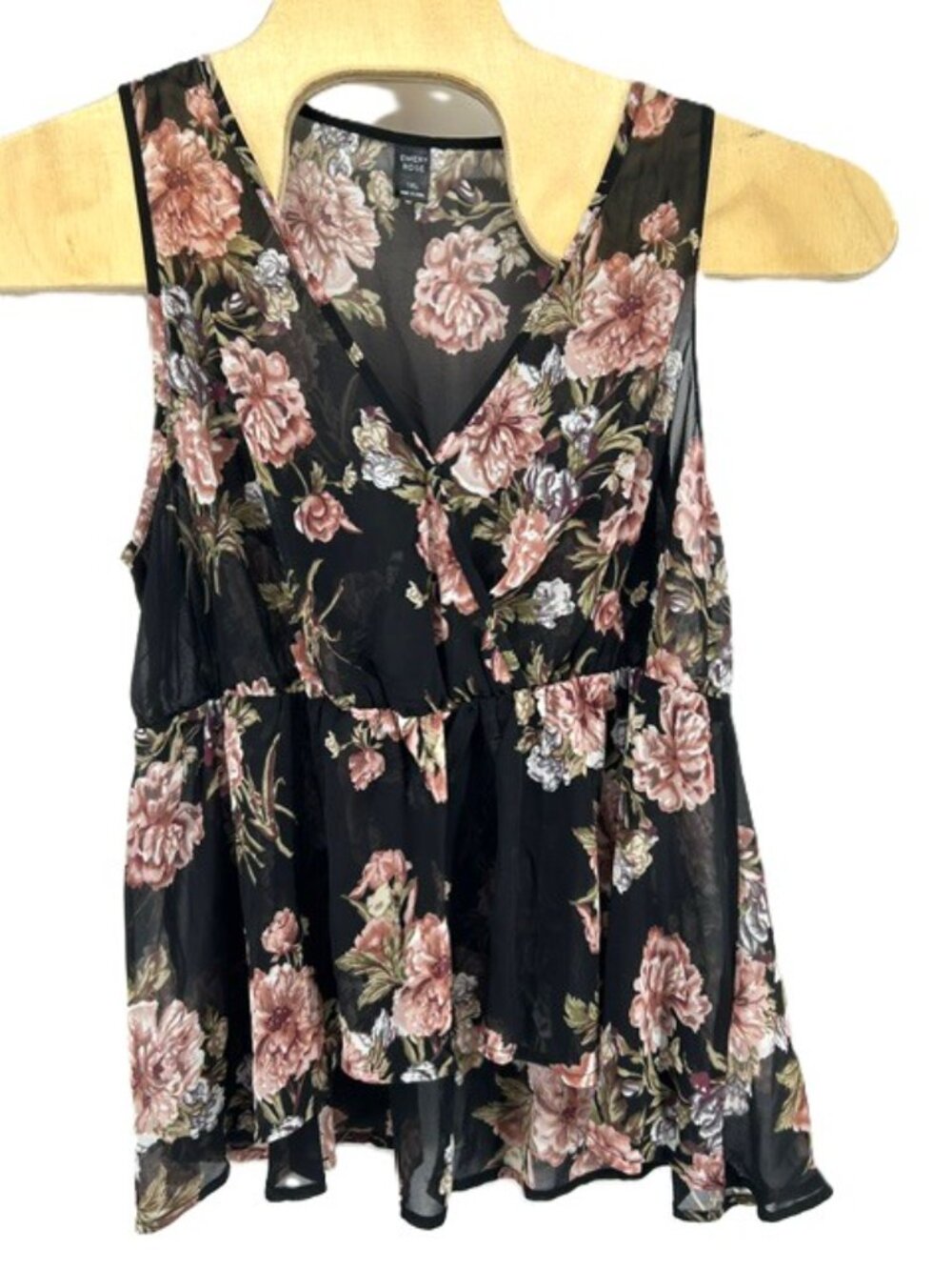 EMERY ROSE Floral Sleeveless V Neck Wrap Peplum Top Women's Size 1XL Sheer